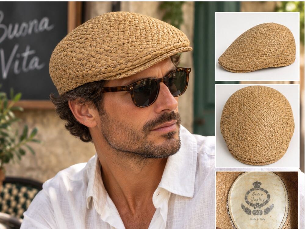 Vintage Italian Raffia Ivy Cap Hand Woven Straw Flat Driving Hat Made in Italy